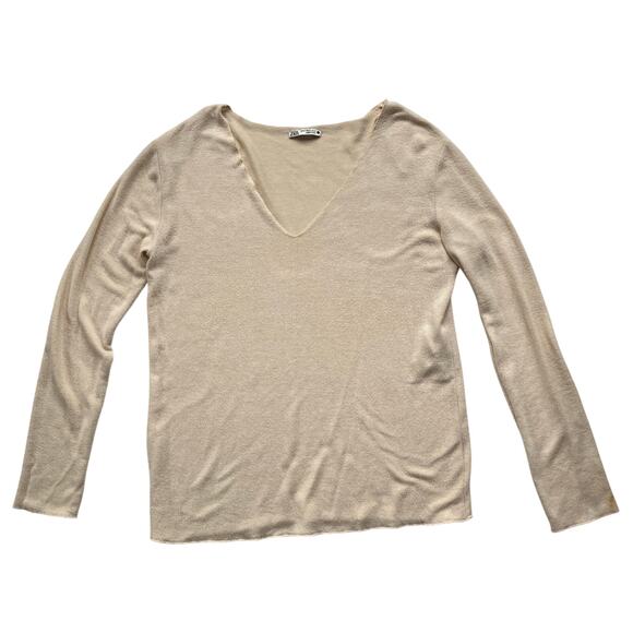 Zara Soft Knit V-Neck Sweater Size XL Beige Minimalist Lightweight - Picture 1 of 6